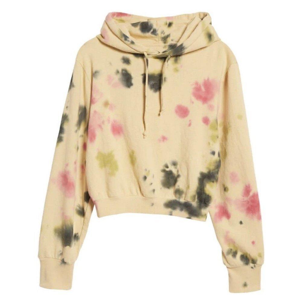 NWT AFRM Cropped Hoodie Sweatshirt SMALL Beige Tan Pink Tie Dye Drawstring - Picture 3 of 11